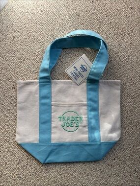 Trader Joe's Canvas Tote Bag in Light Blue and Cream